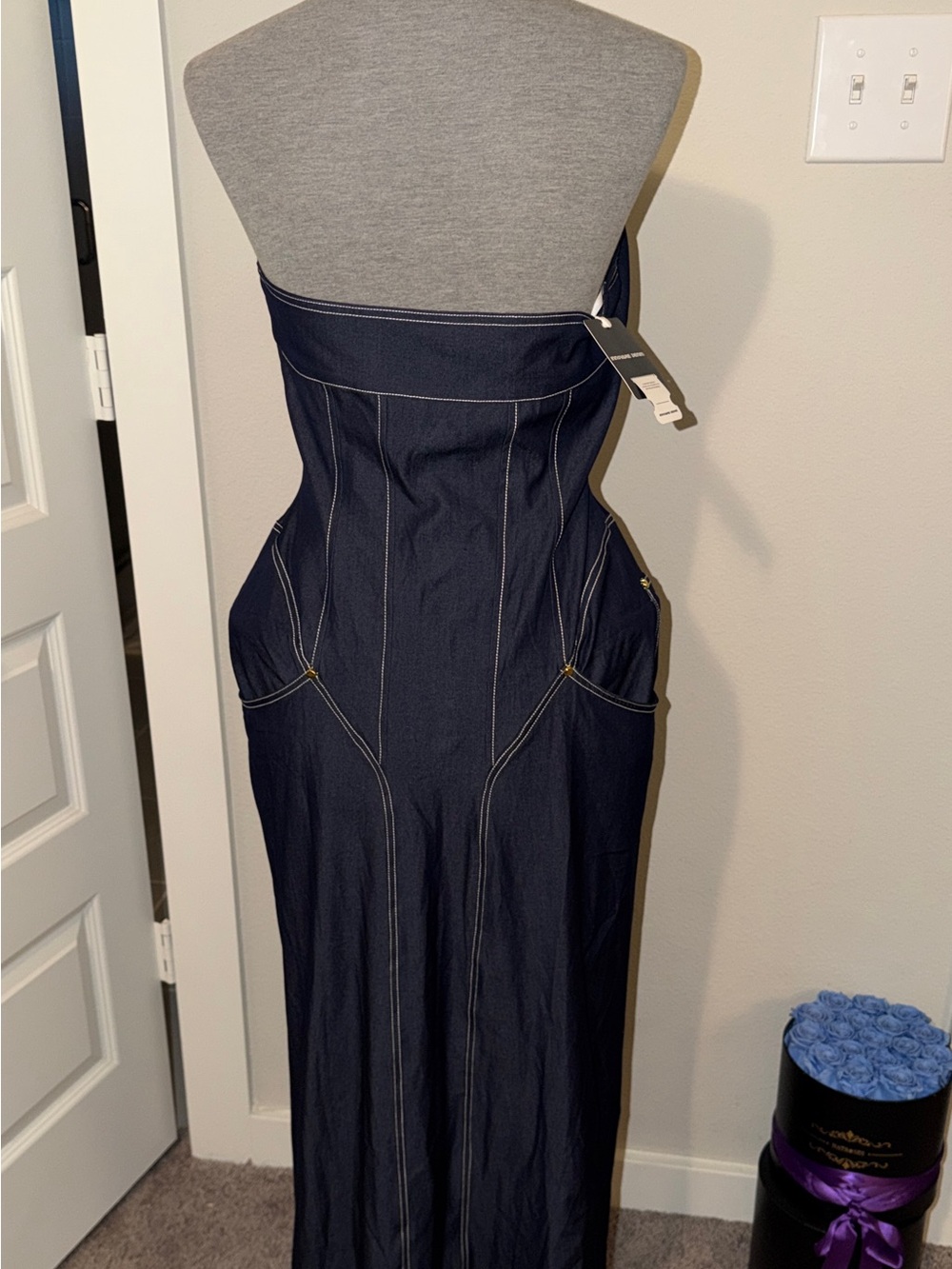 Dark Blue Denim Zip-Front Halter Overalls Dress - Picture 5 of 8
